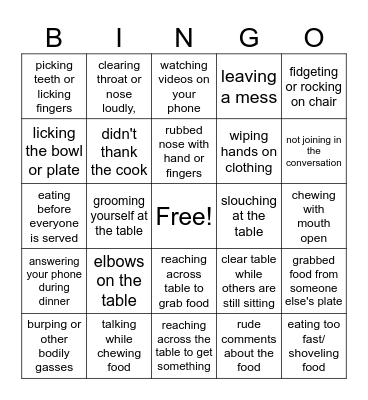 More Bad Manners Bingo Card