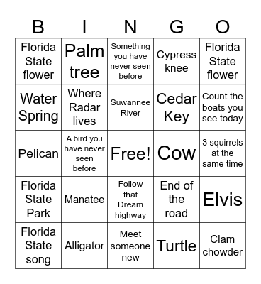 Florida Trip January 2024 Bingo Card