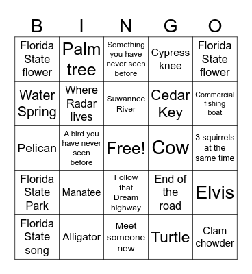 Florida Trip January 2024 Bingo Card