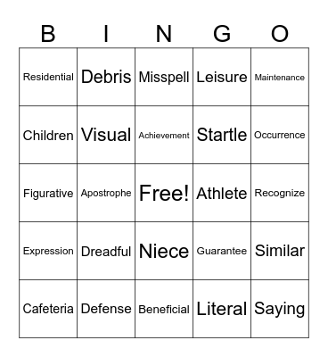 Vocabulary Bingo Card