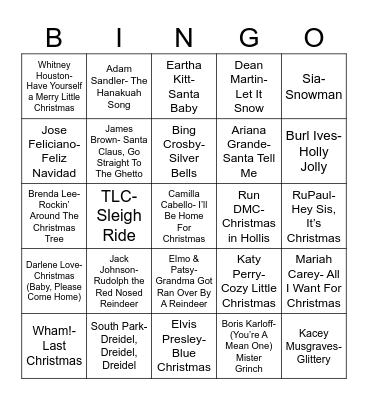 Radio Bingo Holiday Pop Music Bingo Card