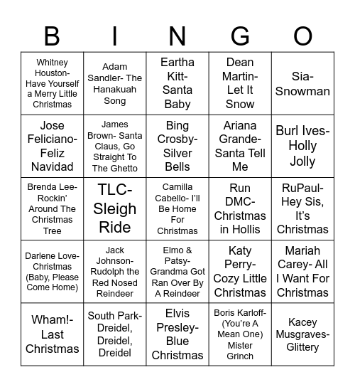 Radio Bingo Holiday Pop Music Bingo Card