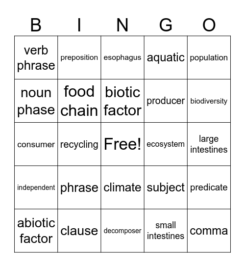 7th Grade 2nd 9 wks BINGO Card