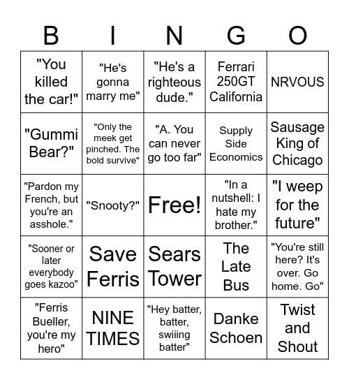 Ferris Bueller's Day Off Bingo Card