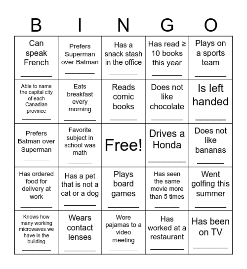 Social Bingo Card