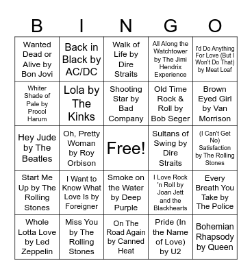 Rock 'n Roll Music Bingo Card