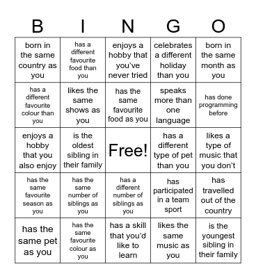 Getting to Know you Bingo Card