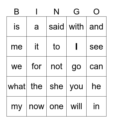 Sight Words Bingo Card
