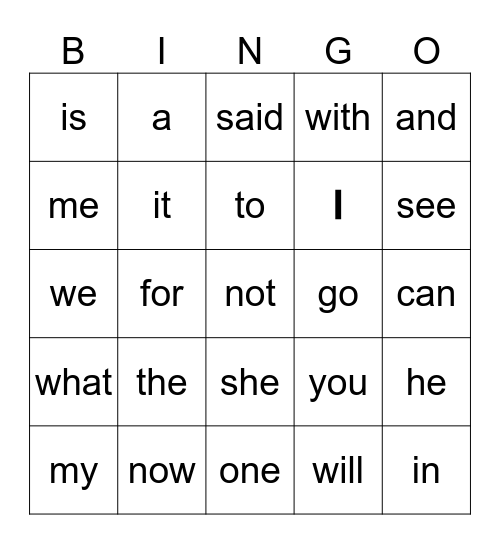 Sight Words Bingo Card