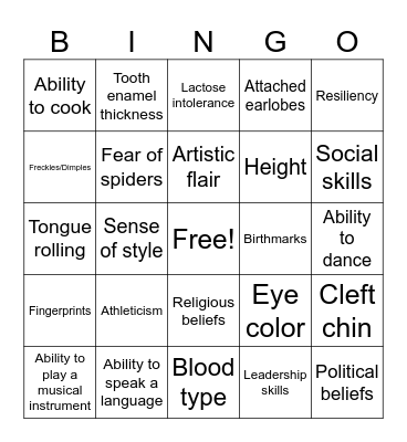 Nature vs Nuture Bingo Card