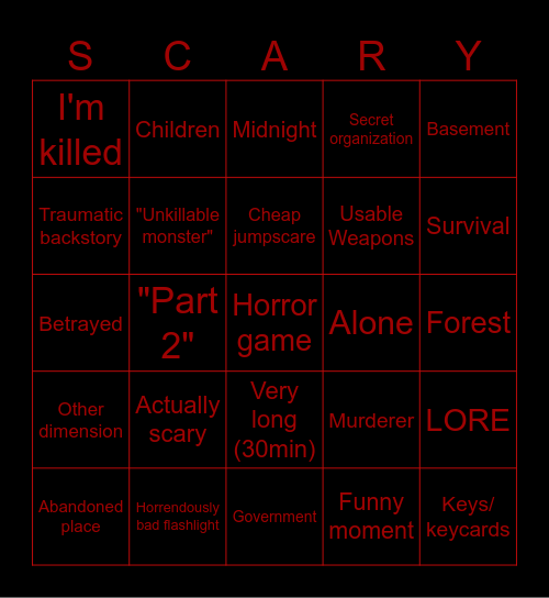 Horror game Bingo Card
