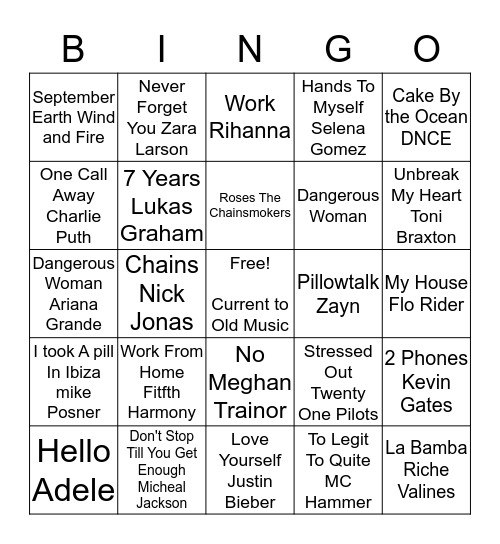 Test Rock and Roll Bingo Card