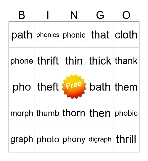 TH/PH Digraphs Bingo Card