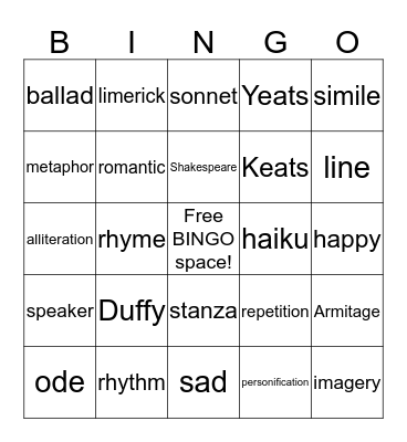 Poetry Bingo Card