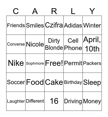 Carly's Sweet 16 Bingo Card