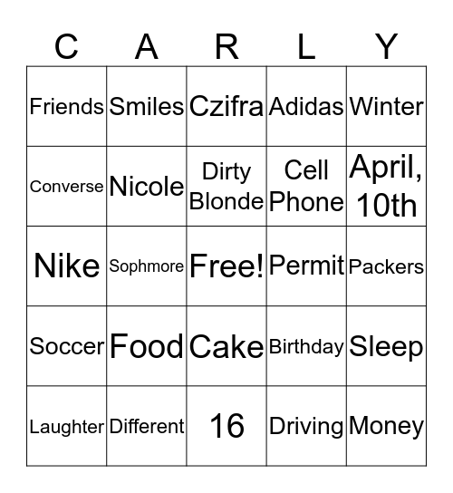 Carly's Sweet 16 Bingo Card