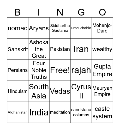 Ancient India Bingo Card