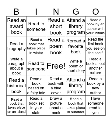 Summer Reading Challenge Bingo Card