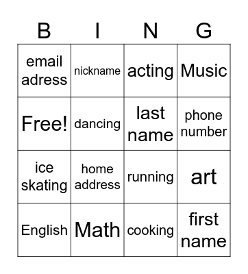 Unit 3: She's good at dancing Bingo Card