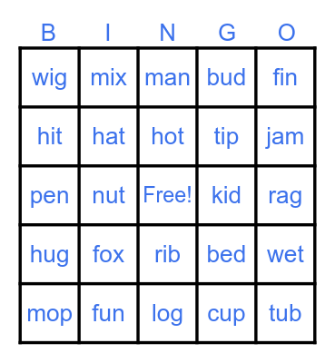CVC words Bingo Card