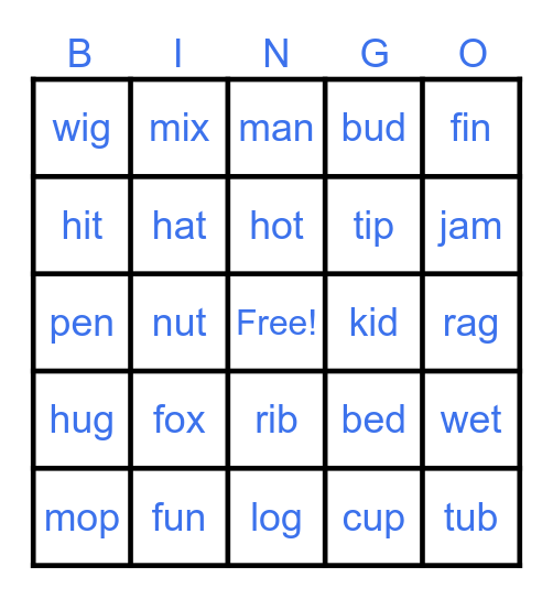 CVC words Bingo Card