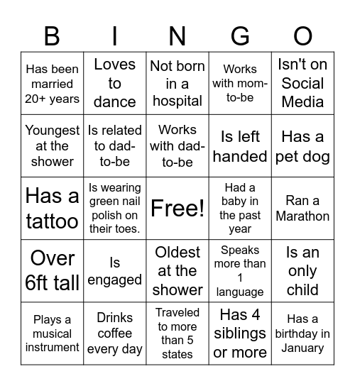 Baby Shower Bingo Card