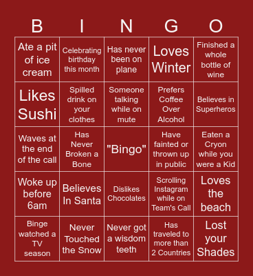 Virtual Orientation Bingo Card