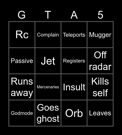 GTA Bingo Card