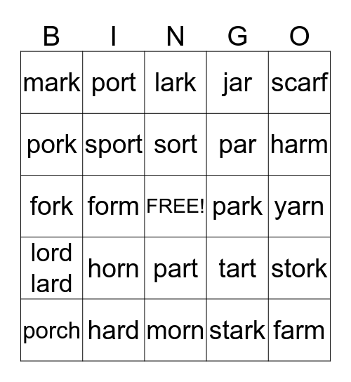 "ar" or "or" Bingo Card