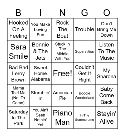 70s Hits Bingo Card