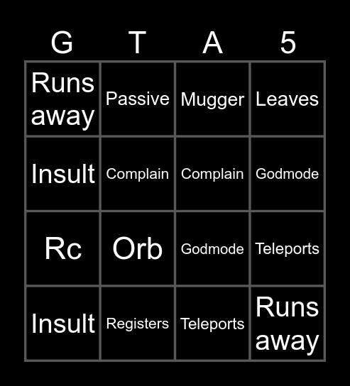 GTA Bingo Card
