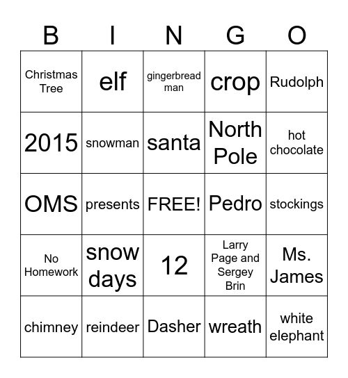 Holidays Bingo Card