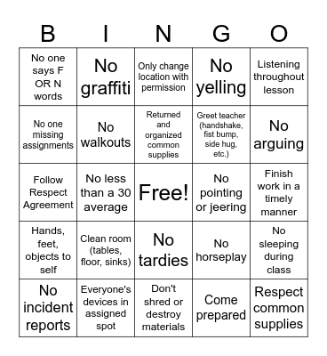 4th 6 weeks Classroom Behavior BINGO Card