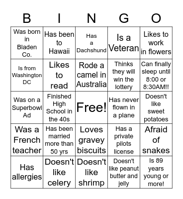 Pleasant Garden Find Someone Who... Bingo Card