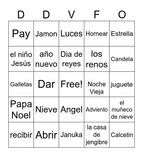 Spanish Christmas Bingo Card