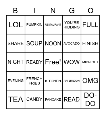 Time Food Reactions Bingo Card