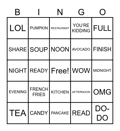 Time Food Reactions Bingo Card