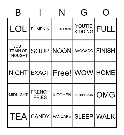 Time Food Reactions Bingo Card