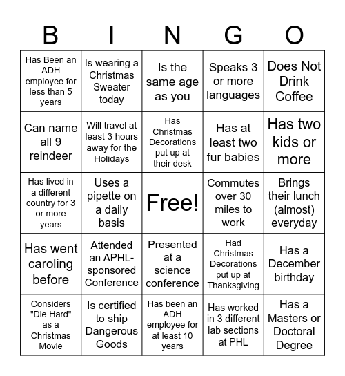 Christmas at the AR Public Health Lab Bingo Card