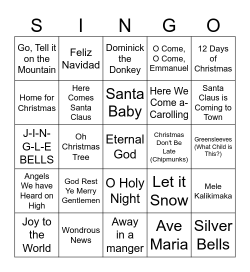 Holiday SINGO Bingo Card