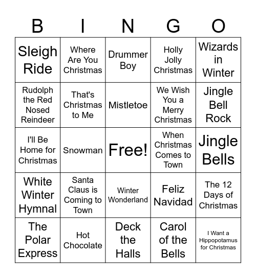 Christmas Song Bingo Card