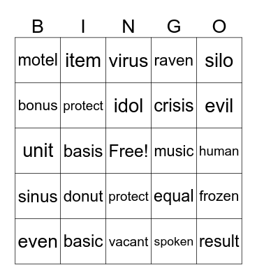 open/closed Syllables Bingo Card