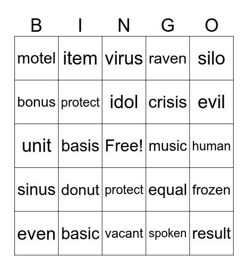 open/closed Syllables Bingo Card