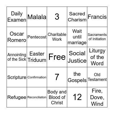 Confirmation Bingo Card