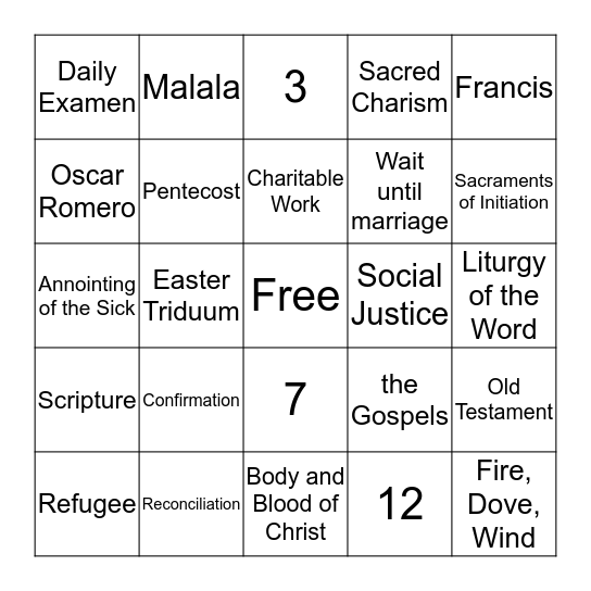 Confirmation Bingo Card
