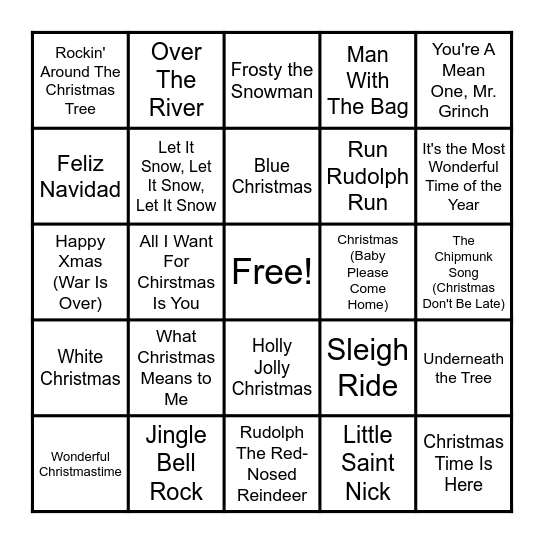 Holiday Music BINGO Card