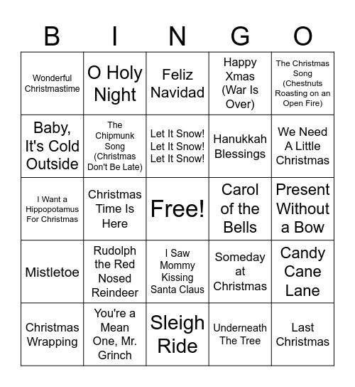 Holiday Music Bingo Card