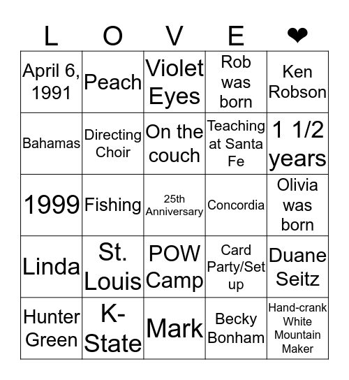 Mark and Linda's Anniversary Bingo Card