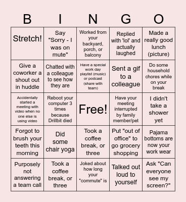 Remote Work Bingo Card