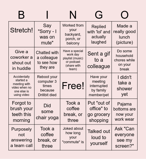 Remote Work Bingo Card